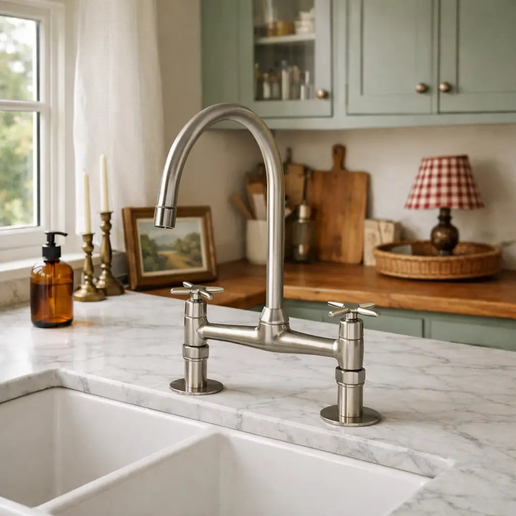 Warm brushed nickel Heritage bridge kitchen faucet on a white under-mount sink against cozy sage green kitchen cabinets and rustic decor with a small checkered lamp.