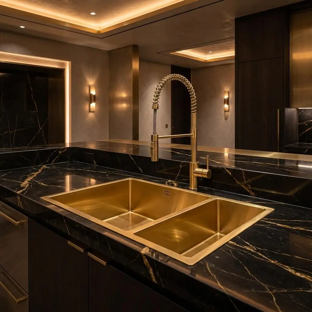 High-end chef kitchen featuring an undermount handcrafted copper double basin sink paired with a commercial commercial-style pull-down gold spring faucet on a black marble countertop.