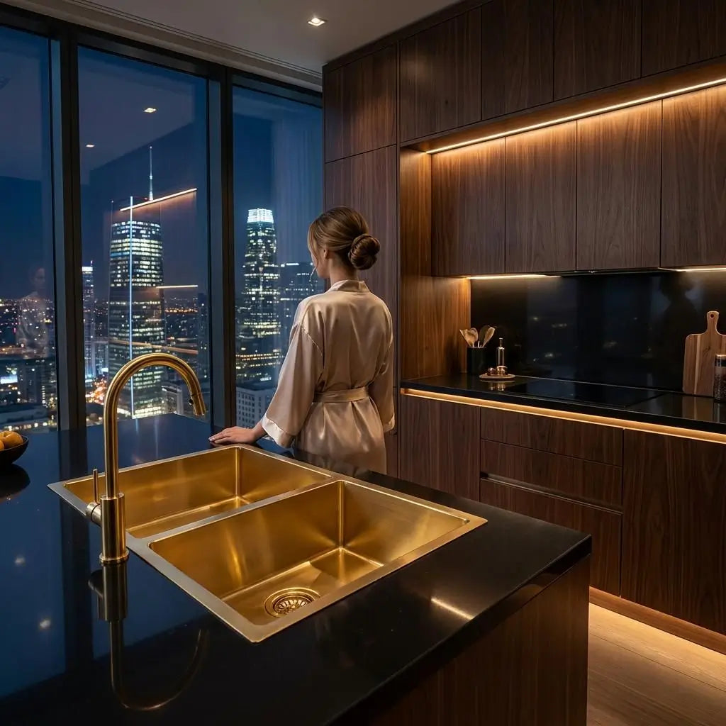High-end penthouse kitchen island featuring a handcrafted copper double basin sink with premium gold faucet, integrated into dark granite countertops in a luxury apartment overlooking a night city view.