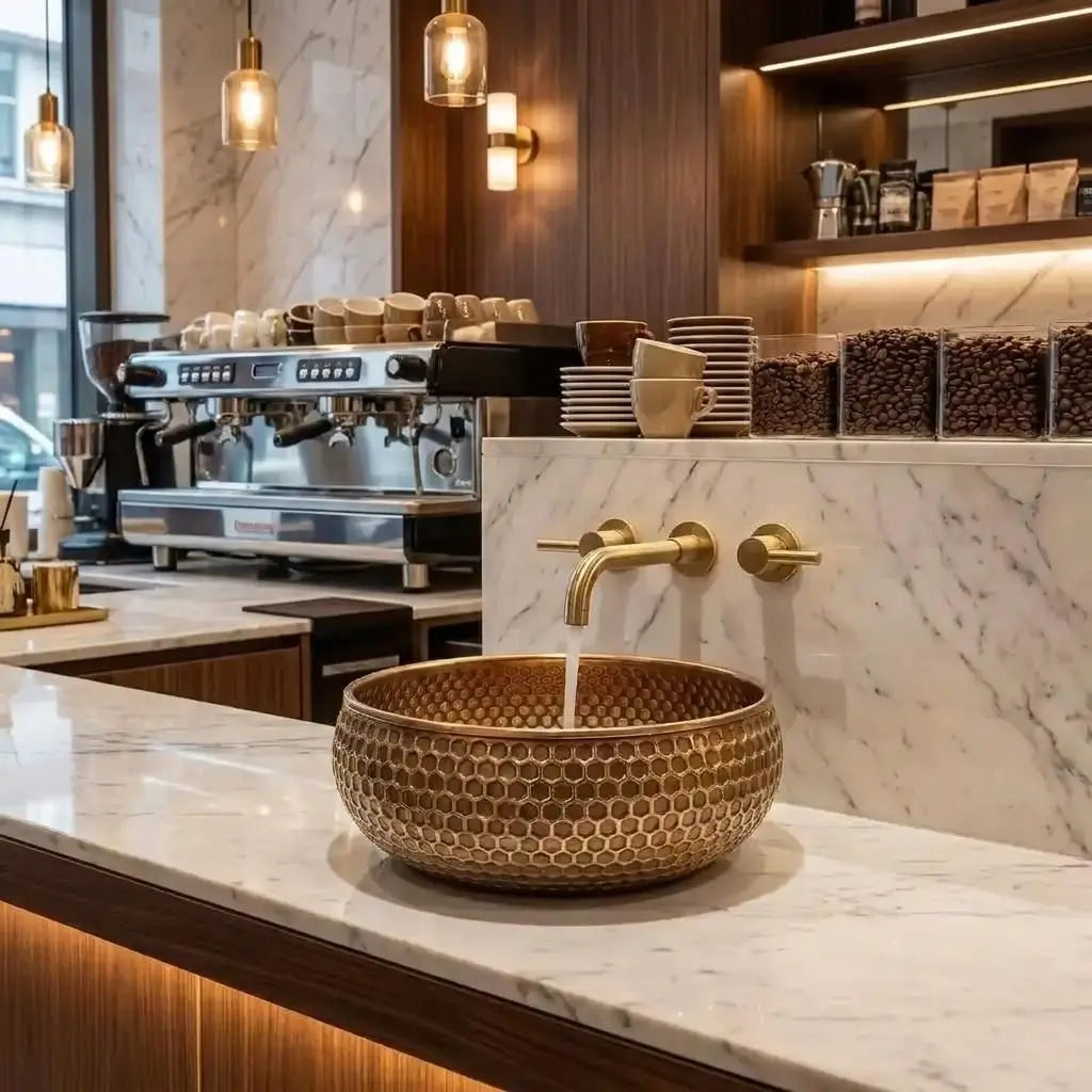 Mid-century modern hammered brushed brass sink with a honeycomb texture showcased on a white marble counter in a luxury coffee shop with running water from a wall-mounted faucet.