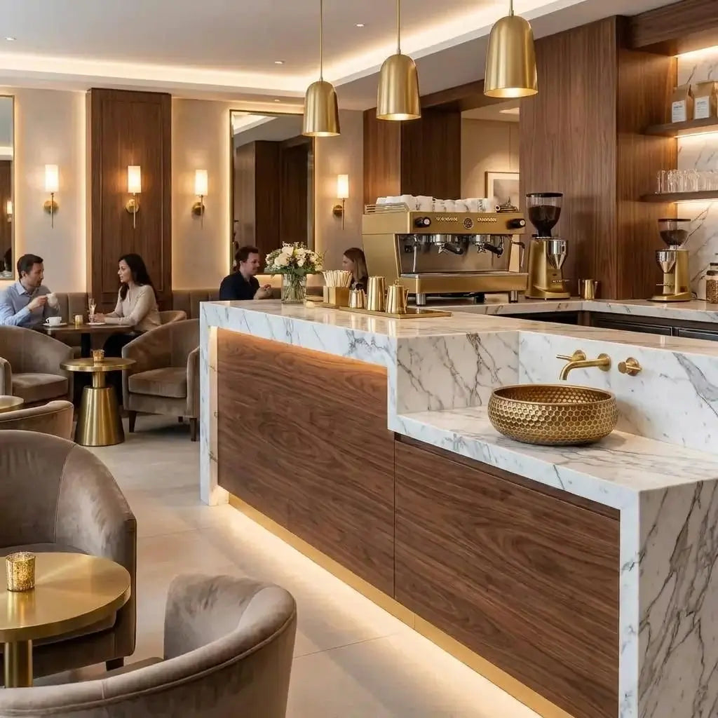 Handcrafted copper vessel sink with honeycomb texture integrated into a high-end cafe lounge bar counter featuring warm wood paneling, hanging brass lights, and seating area.