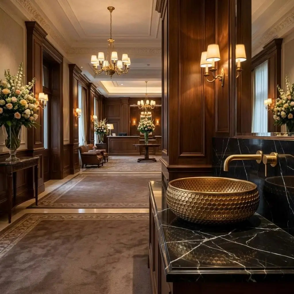 Mid-Century modern hammered brushed copper sink with honeycomb texture displayed on a black marble counter in a luxury hotel lobby interior.