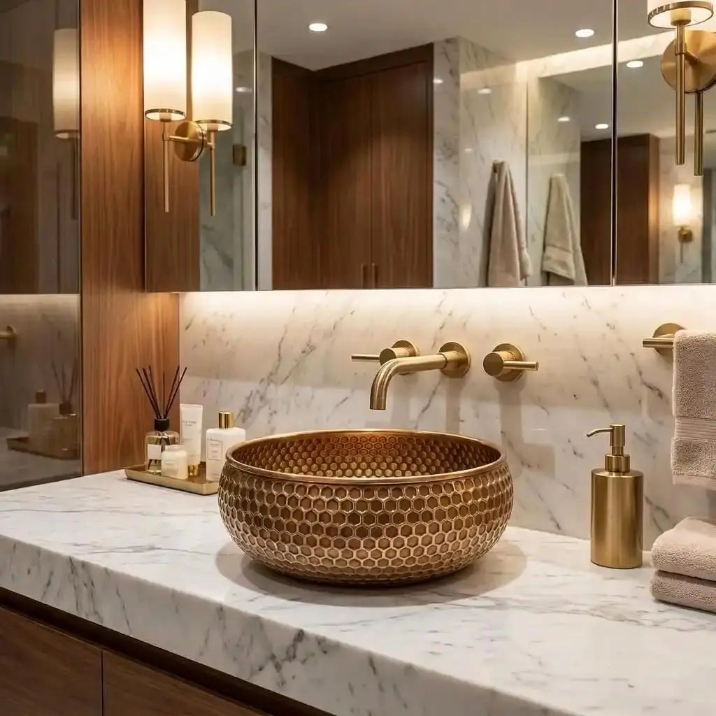 Mid-Century modern hammered brushed brass sink with a honeycomb texture installed on a white marble countertop with a wall-mounted gold faucet.