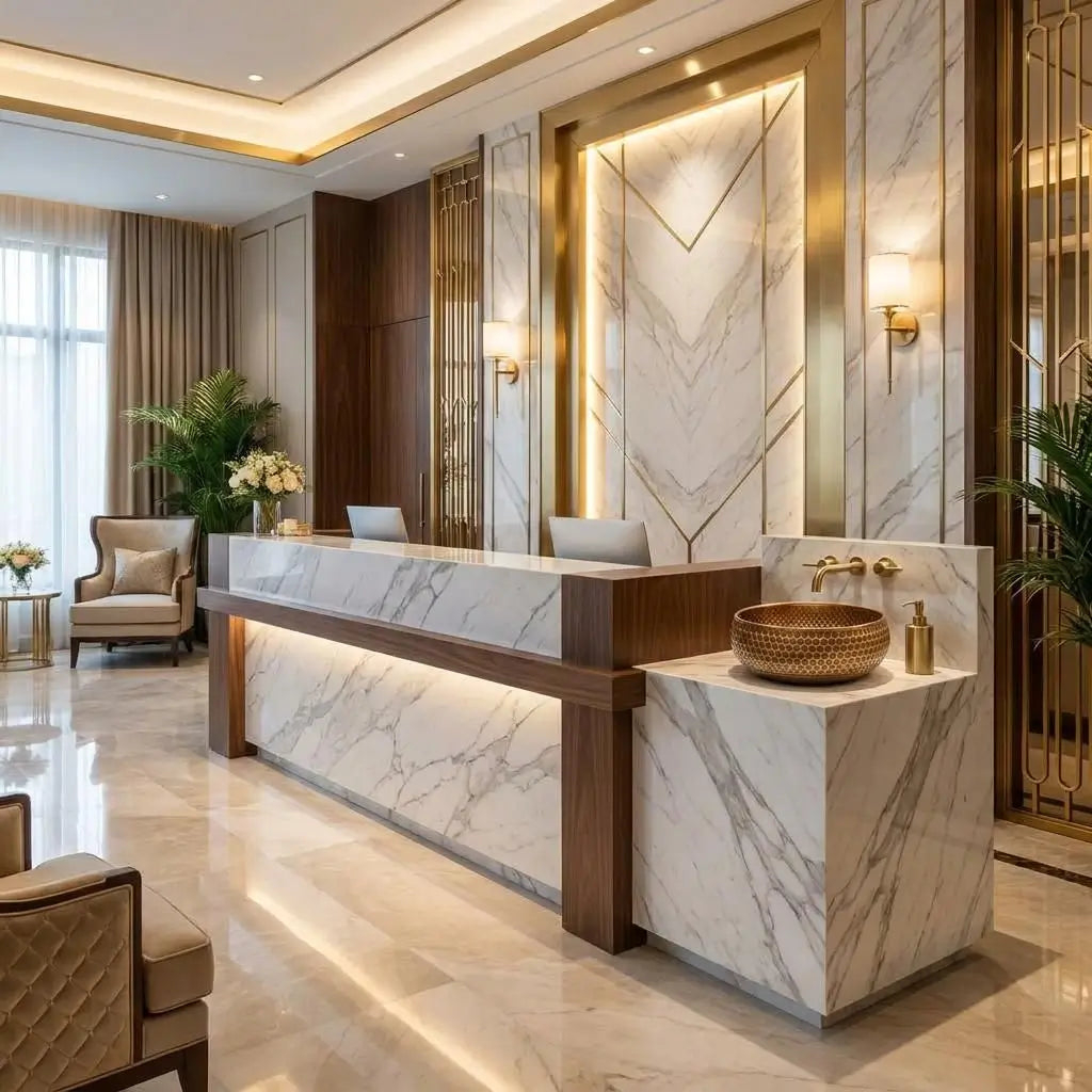 Handcrafted copper vessel sink with honeycomb texture styled on a marble counter in a luxury hotel reception lobby featuring elegant geometric wall trim and warm lighting.