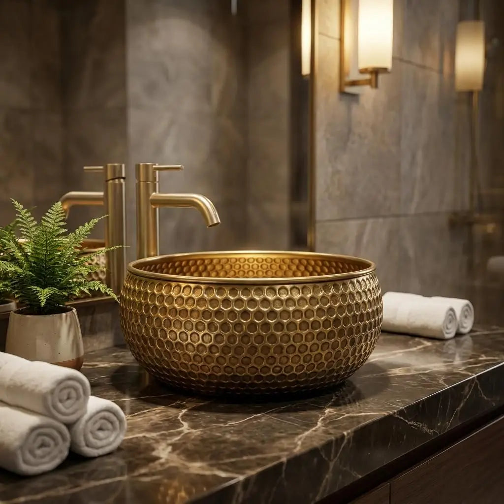 Side view of a mid-century modern hammered copper vessel sink with honeycomb texture styled with a brushed gold high-arc faucet, rolled towels, and a potted plant on a dark veined countertop.