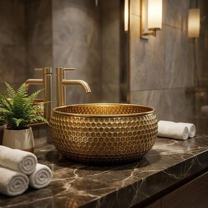Side view of a mid-century modern hammered copper vessel sink with honeycomb texture styled with a brushed gold high-arc faucet, rolled towels, and a potted plant on a dark veined countertop.