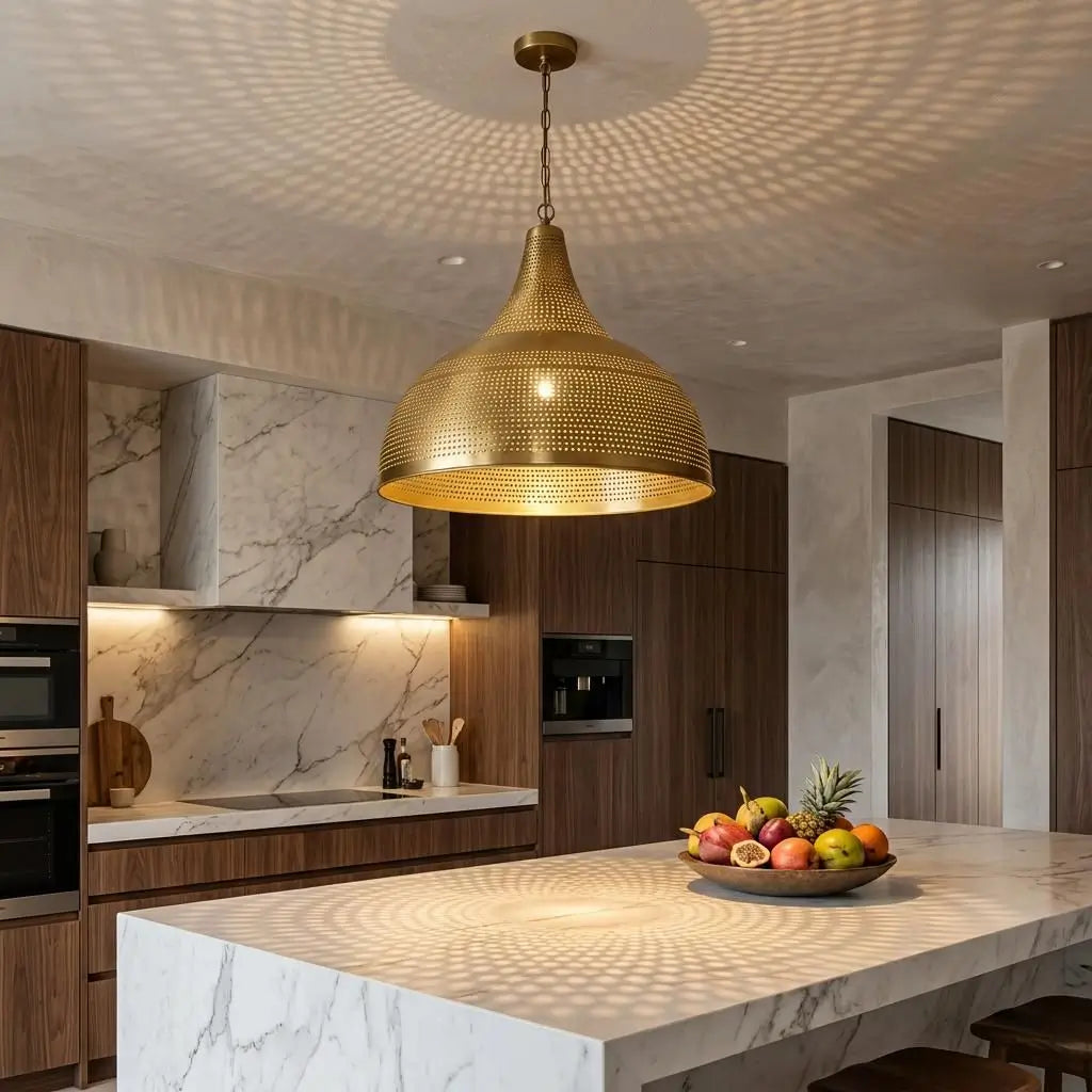 An illuminated Moroccan brass dome light hanging over a white marble kitchen island, casting intricate shadow patterns onto the ceiling of a modern contemporary home.