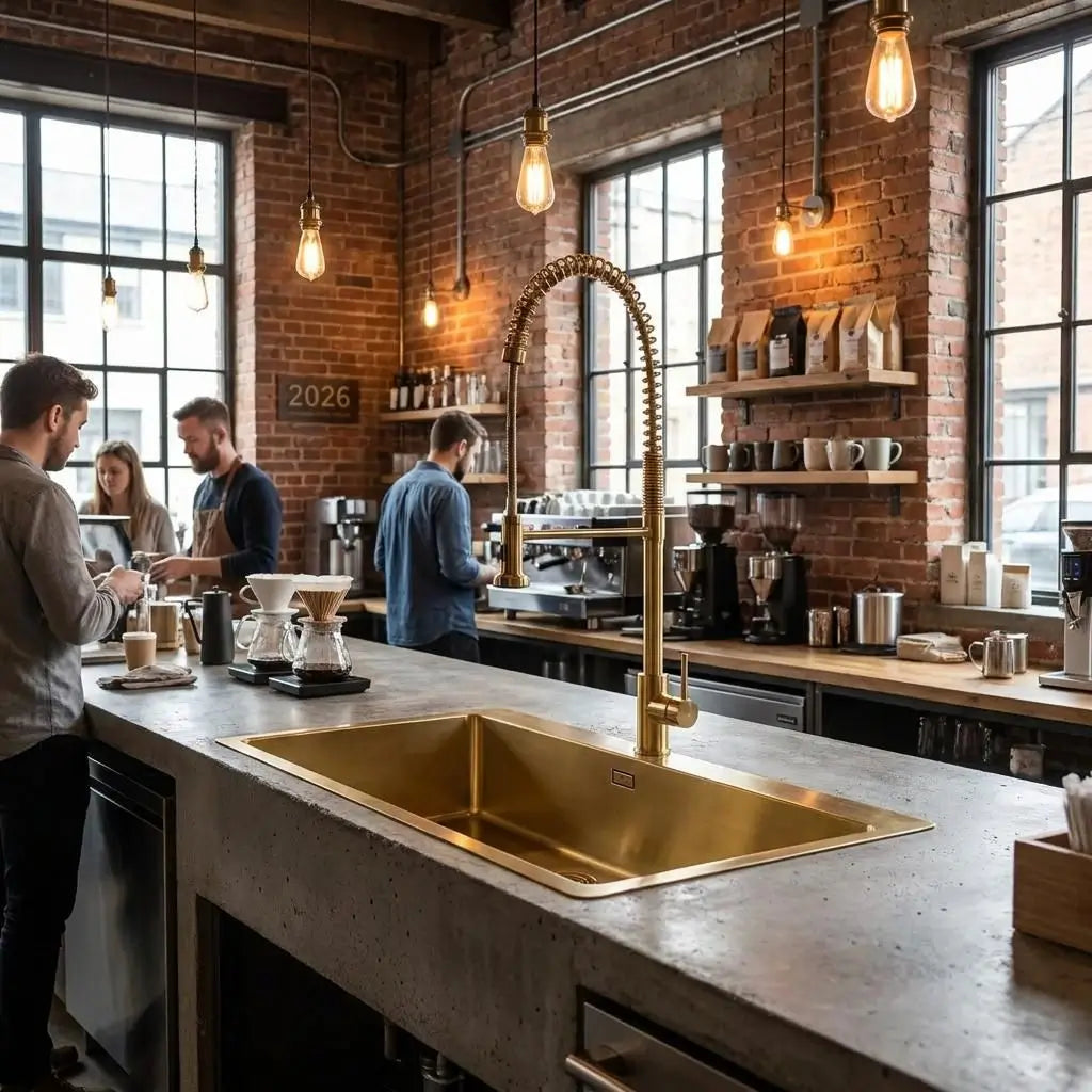 Brass kitchen sink with a tall commercial spring faucet on a long concrete counter inside an industrial style coffee shop with exposed brick walls and baristas working