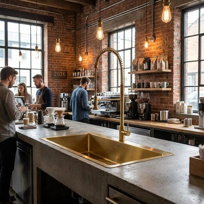 Brass kitchen sink with a tall commercial spring faucet on a long concrete counter inside an industrial style coffee shop with exposed brick walls and baristas working