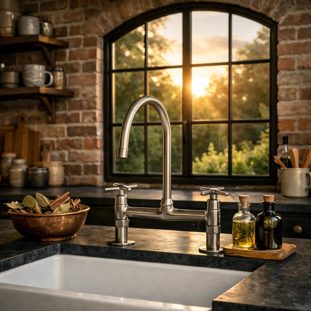 Warm brushed nickel Heritage bridge kitchen faucet on a dark countertop against a rustic exposed brick wall and arched window with warm sunset light.