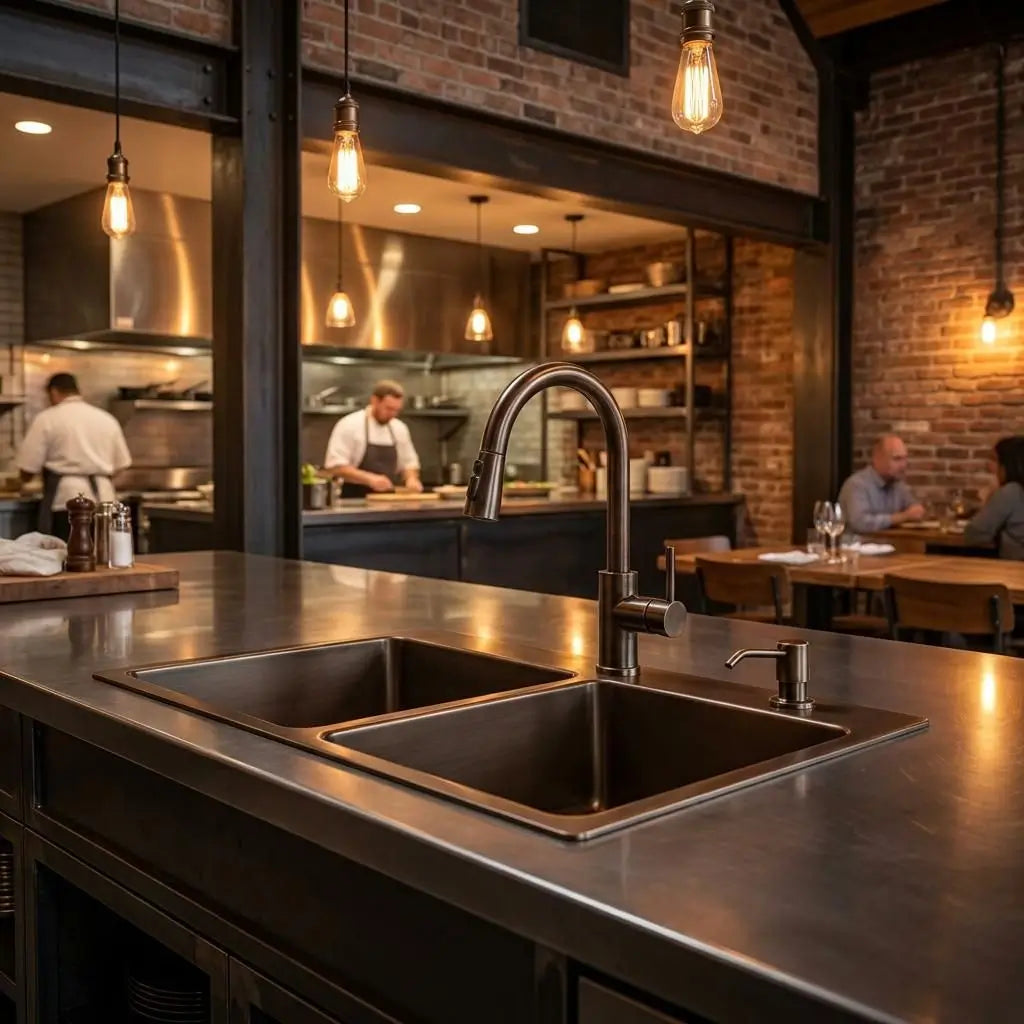Commercial double bowl copper sink embedded in a stainless steel island counter with a single-handle pull-down faucet, overlooking a rustic restaurant open kitchen and brick walls.