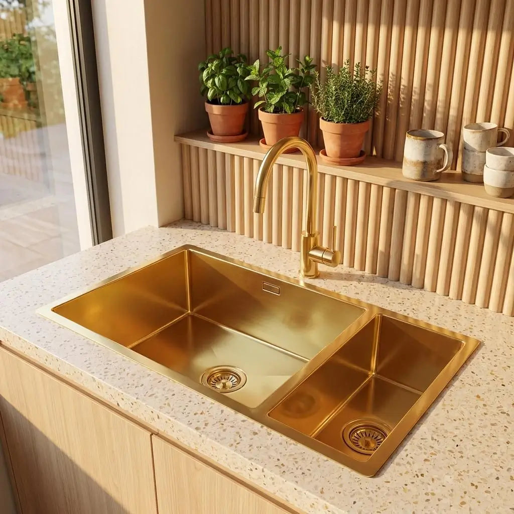 Japandi style kitchen featuring a handcrafted copper double basin sink with premium gold faucet, integrated into a white terrazzo countertop against a light wood slat backsplash.