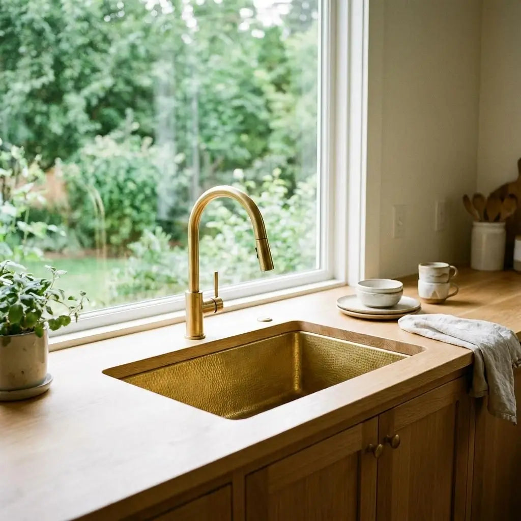 30 inch rectangular hammered copper kitchen sink installed undermount on a natural light wood countertop in a warm minimalist japandi style kitchen by a large window