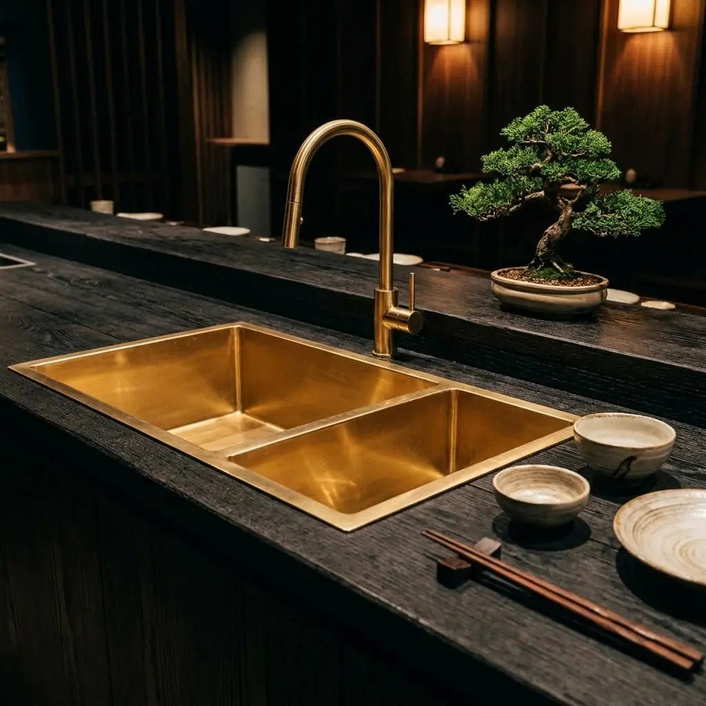 Japanese style rustic kitchen island featuring a handcrafted copper double basin sink with a gold pull-down faucet, embedded in a dark textured wooden countertop decorated with a bonsai tree.