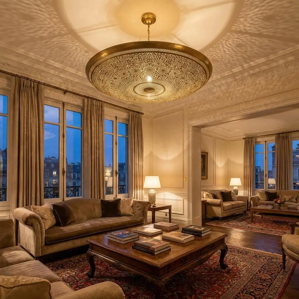 Large dome-shaped brass chandelier ceiling light casting detailed shadows across a luxury living room salon with large windows.