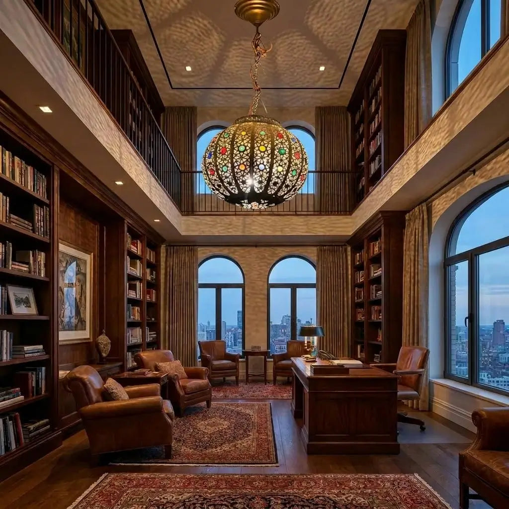 Large Moroccan brass chandelier with colorful glass accents hanging in a luxury home office or library with a high wooden ceiling and arched windows.