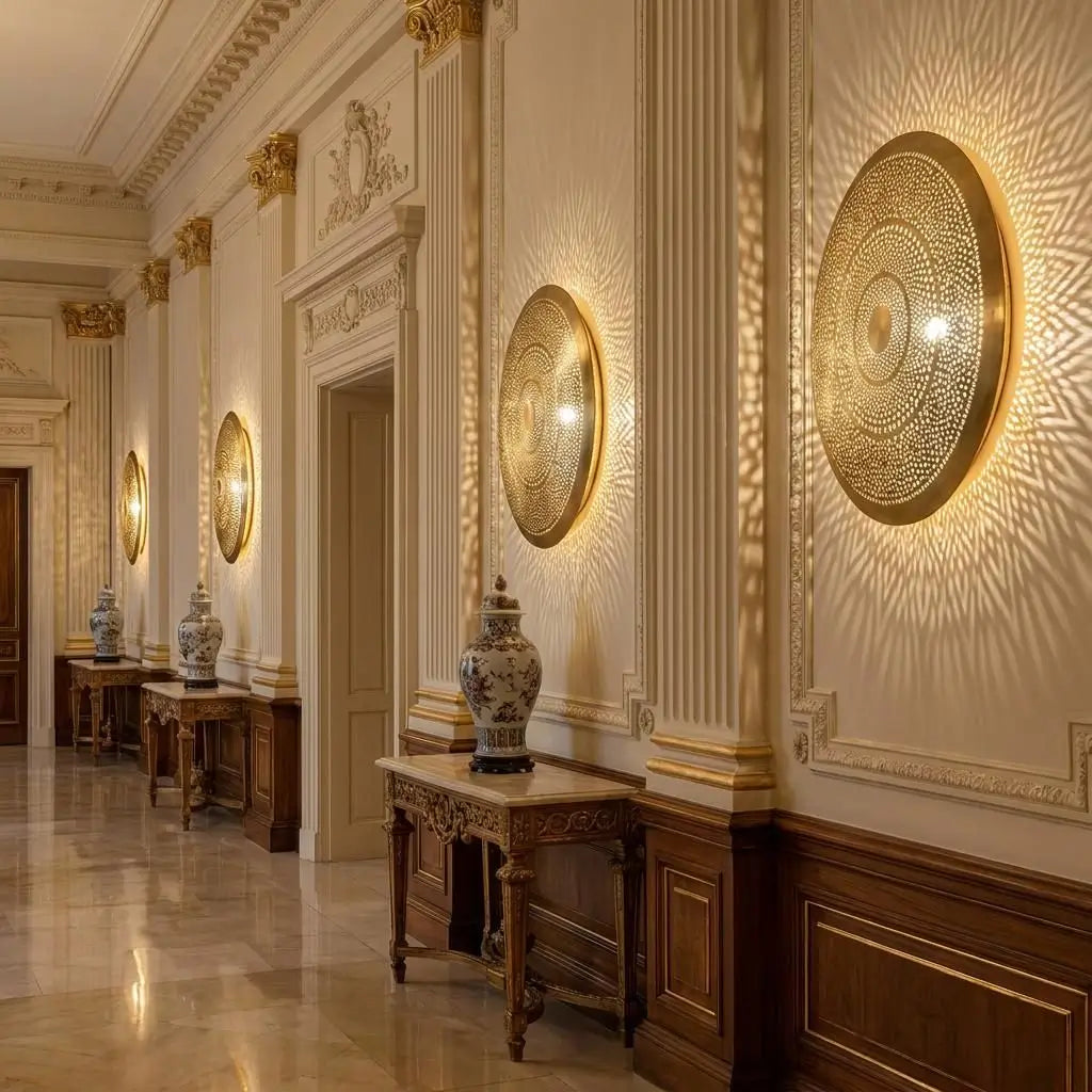 Large circular engraved brass wall light fixture emitting patterned shadow on a luxury hotel hallway wall.
