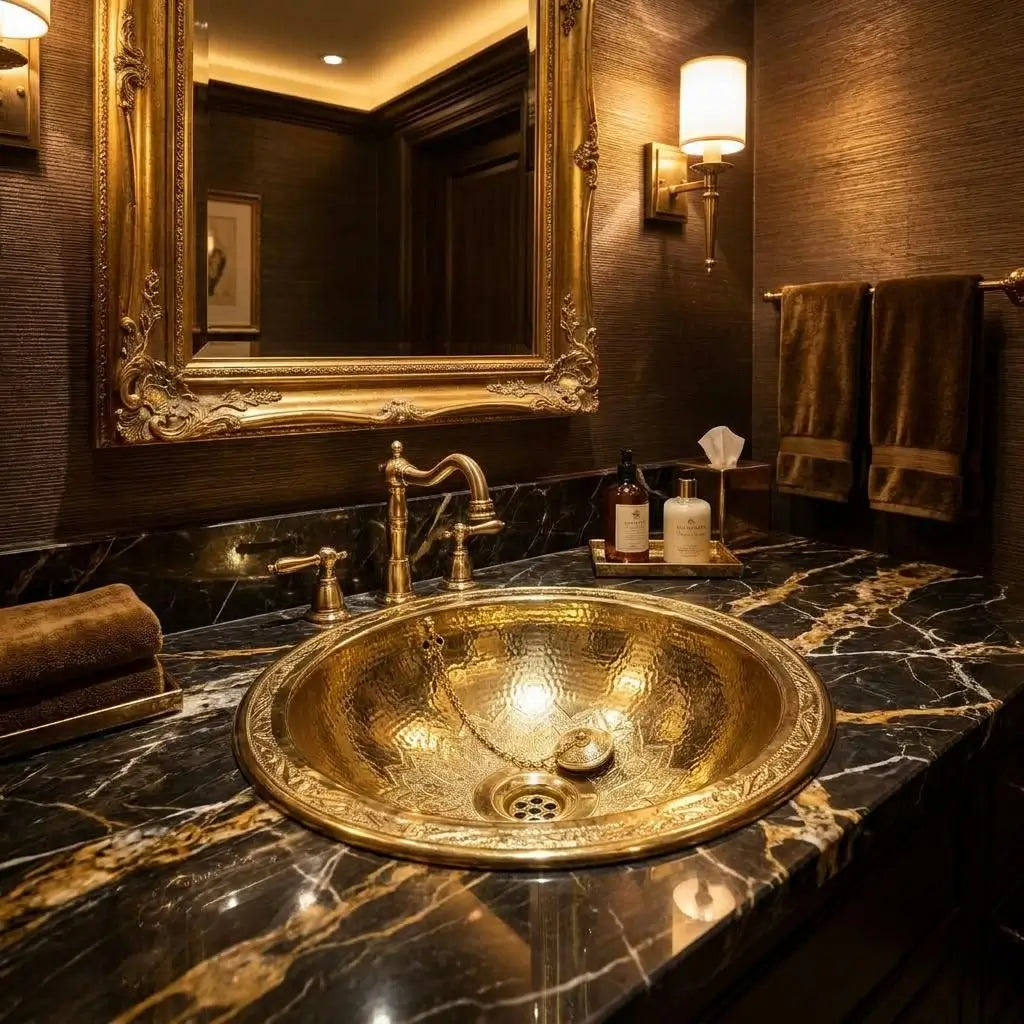 Oval hand-hammered brass vessel sink with an engraved rim installed on a black marble countertop with gold veins under a large ornate gold-framed mirror.