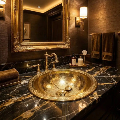 Oval hand-hammered brass vessel sink with an engraved rim installed on a black marble countertop with gold veins under a large ornate gold-framed mirror.