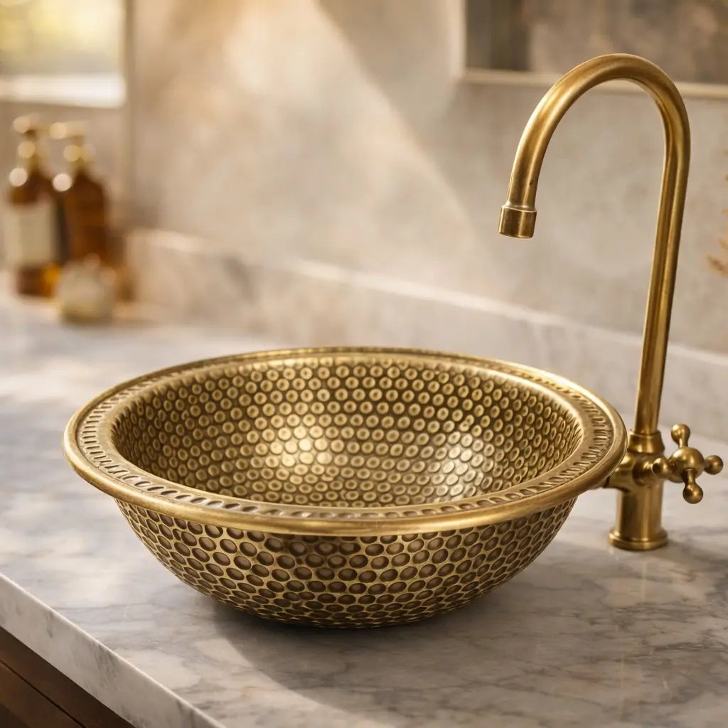 Luxury hand hammered brass bathroom sink installed on a clean white marble countertop in a modern bathroom.