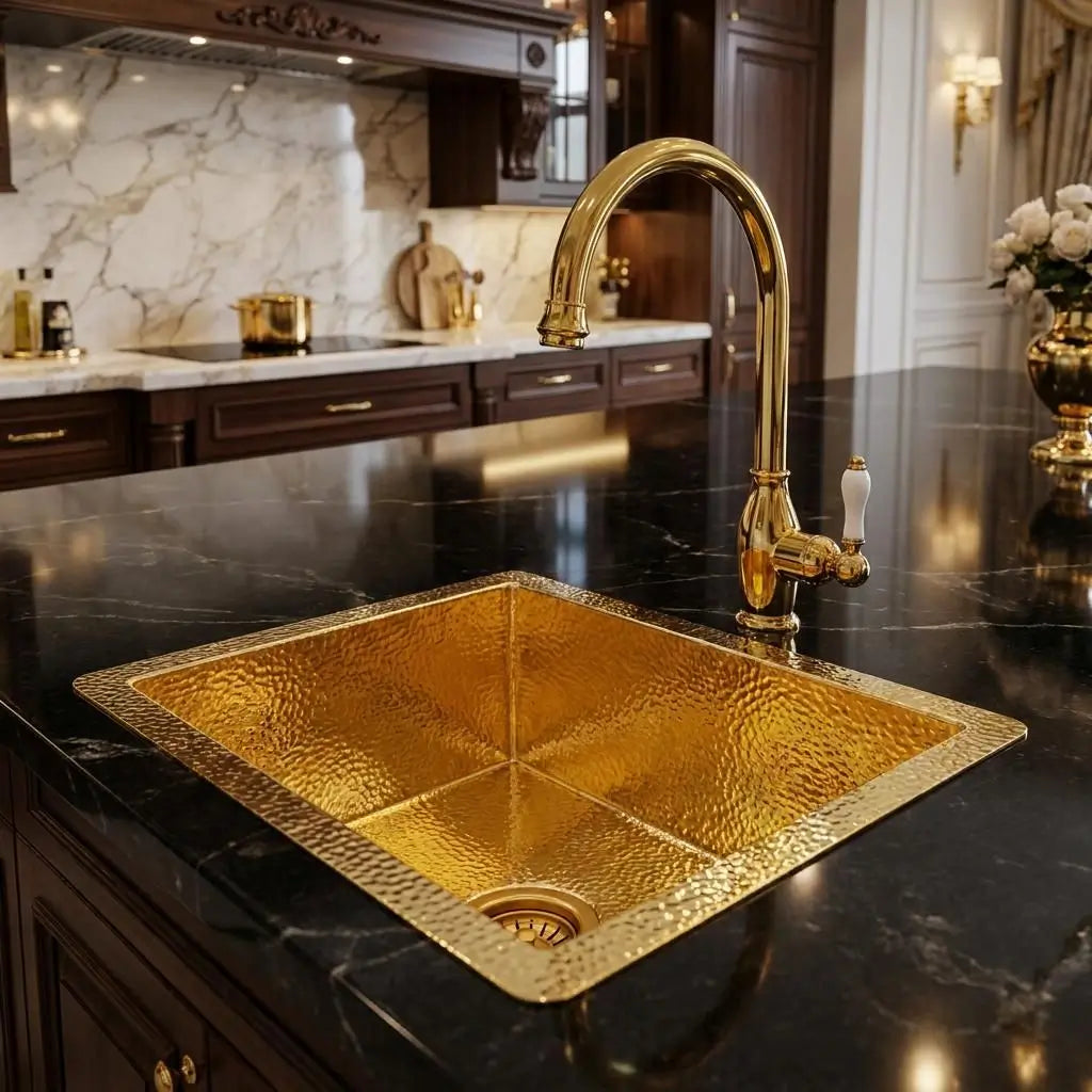 Square hammered brass kitchen sink with a luxury gold gooseneck faucet featuring a white ceramic lever handle on a black quartz countertop.