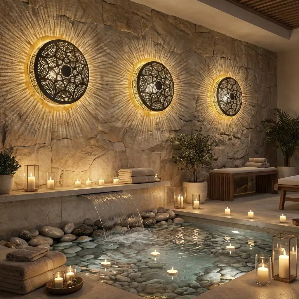 Three modern brass wall sconces mounted on a stone wall over an indoor pool spa, creating a warm ambiance with radial light shadows.