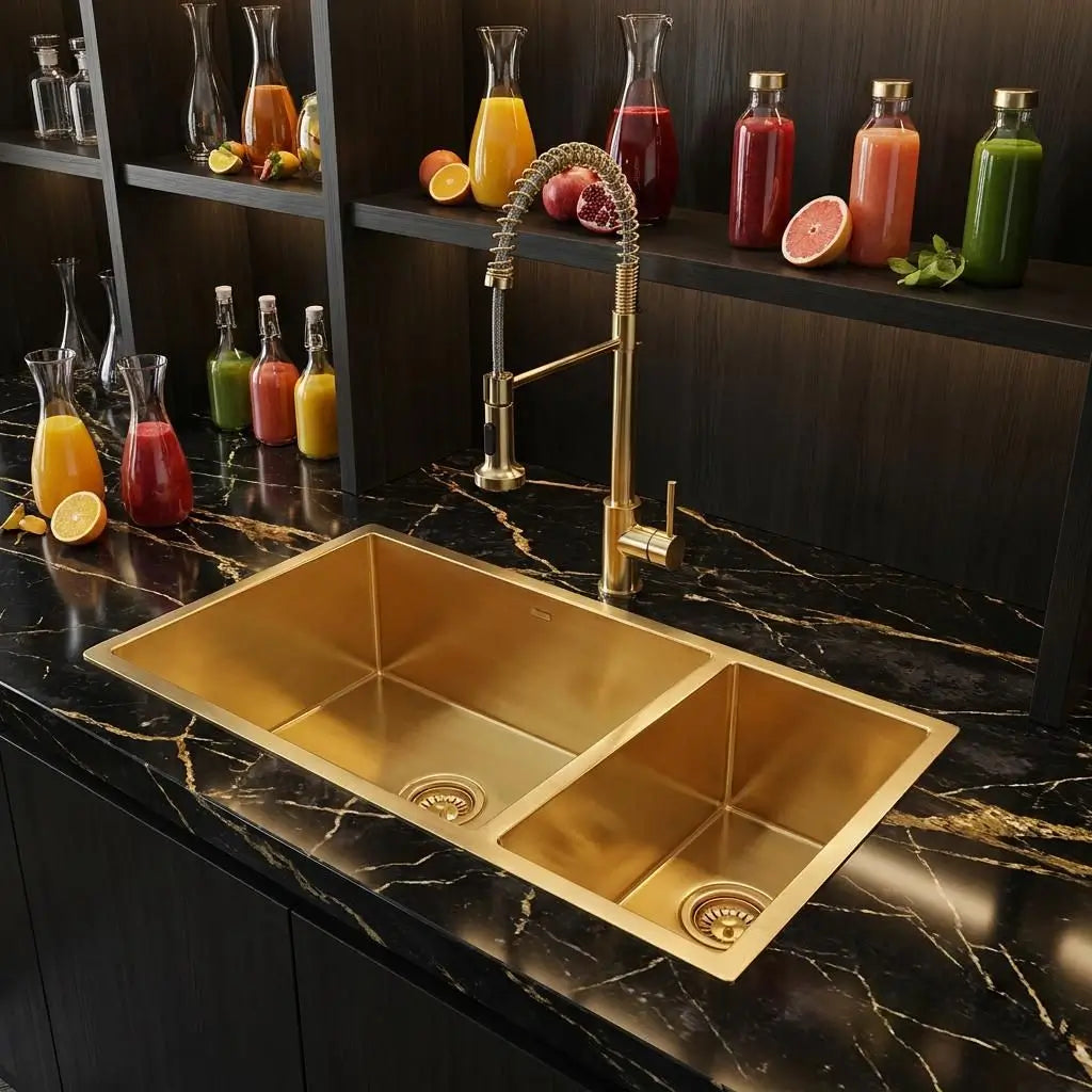 Luxury commercial juice bar design highlighting an undermount copper double basin sink with a commercial-style gold spring pull-down faucet on premium black marble.