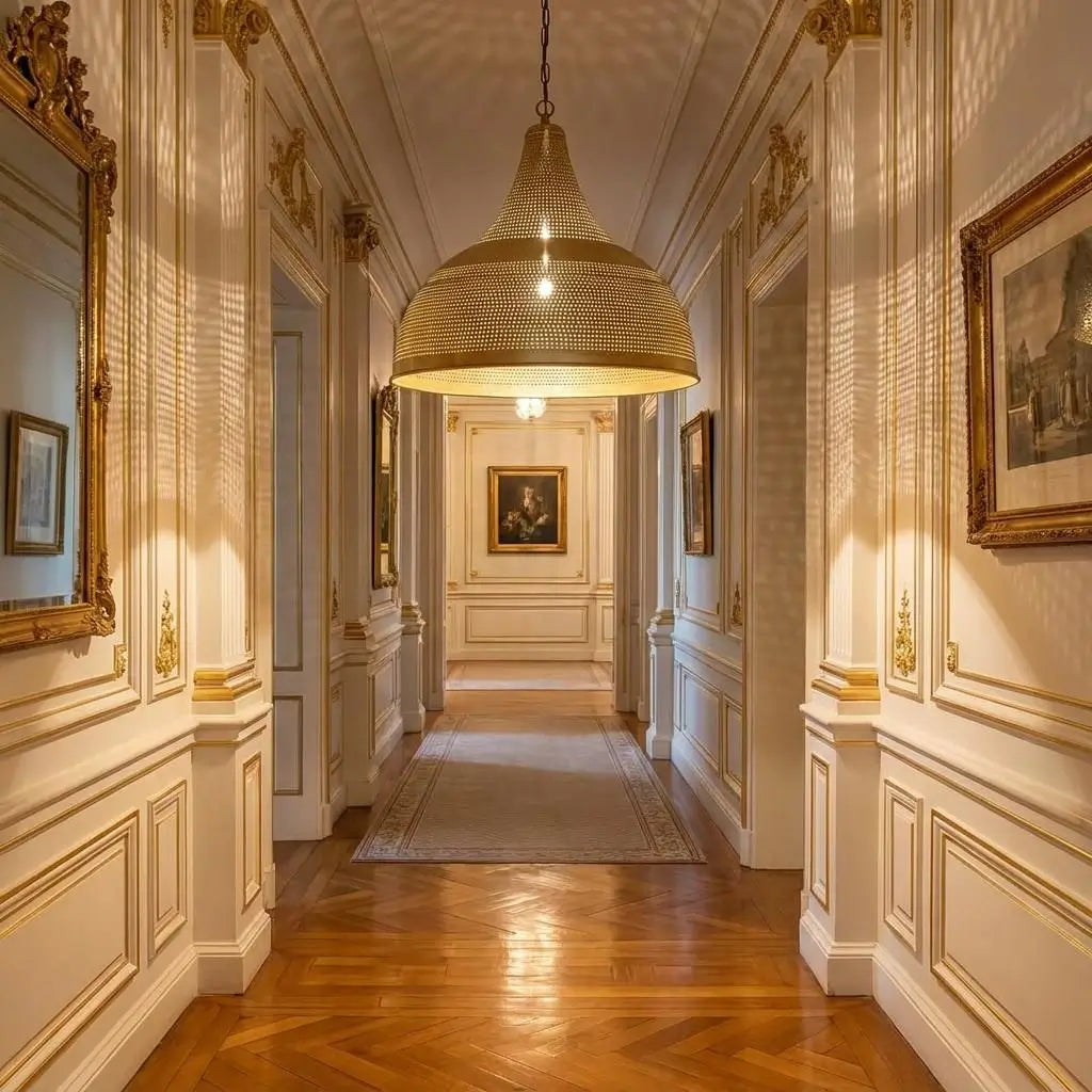 A large glowing brass dome pendant light hanging over a polished hardwood floor in a luxury residential corridor, scattering decorative linear shadows onto white walls with gold-leaf moldings.