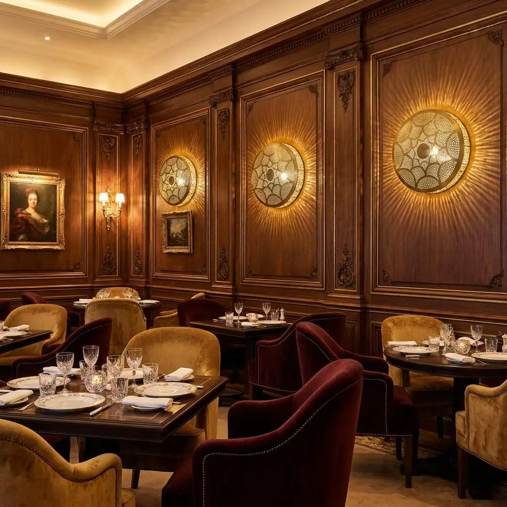 Three handmade minimalist brass wall sconces mounted on classic wood paneled walls in a luxury fine dining restaurant, emitting a warm golden radial glow.