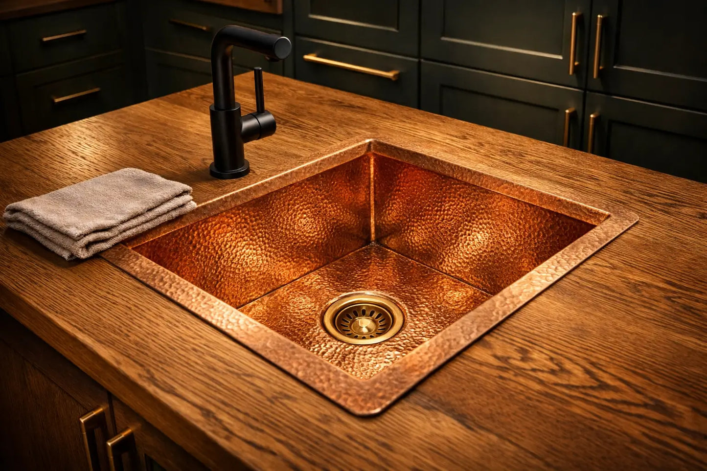 Dramatic top view of a luxury handcrafted solid copper sink on a wooden island countertop.