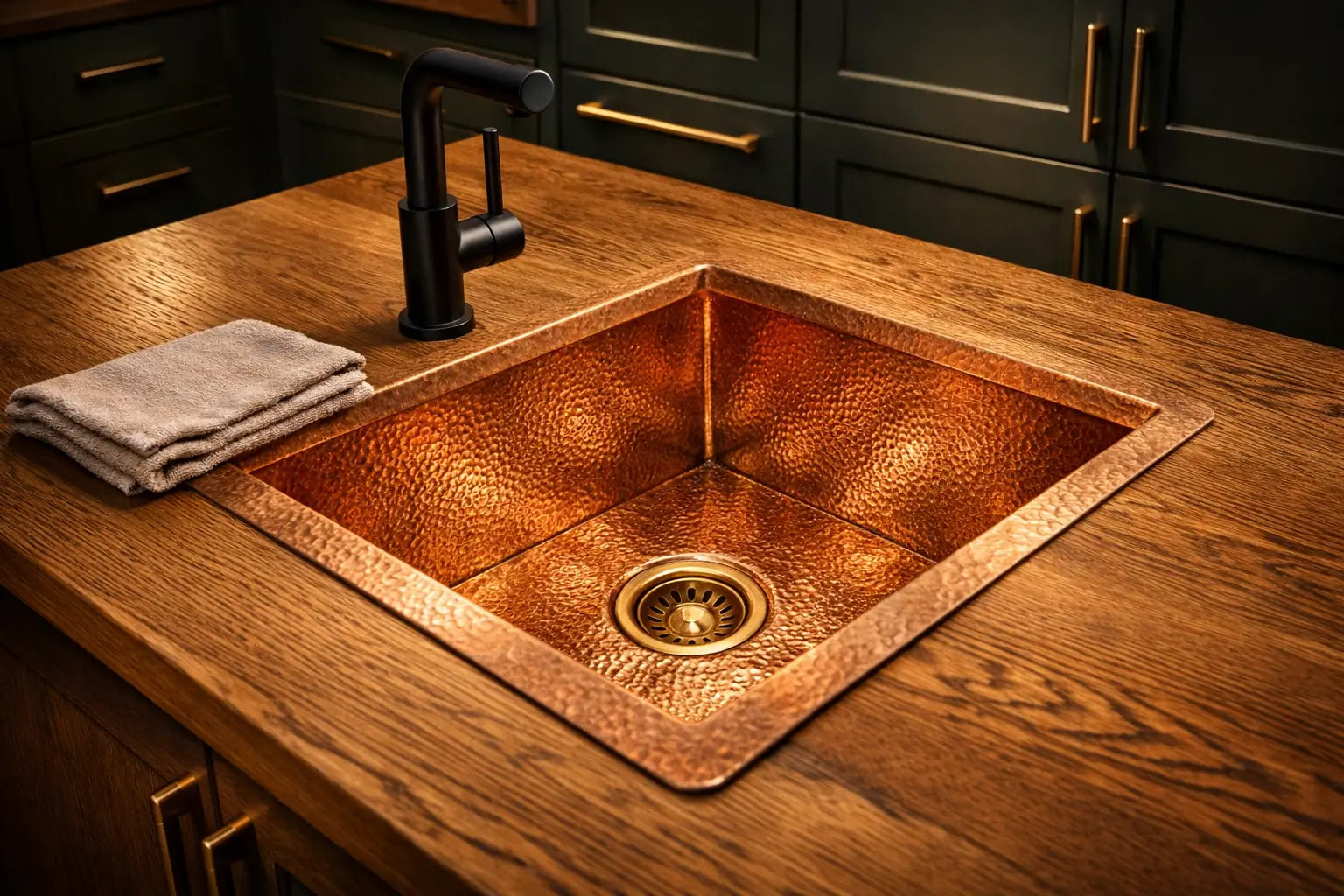 Dramatic top view of a luxury handcrafted solid copper sink on a wooden island countertop.