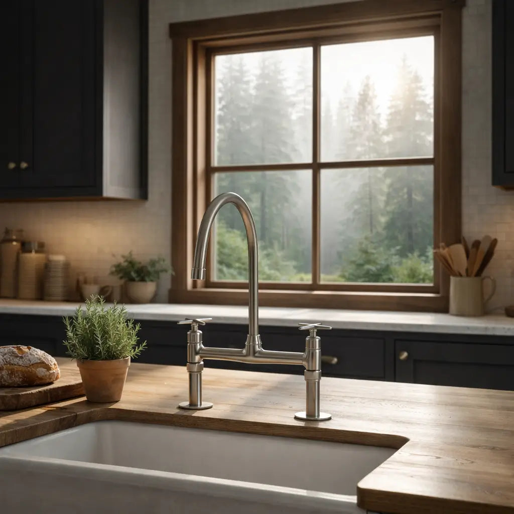 Antique warm brushed nickel Heritage bridge kitchen faucet on a light wooden countertop with a large rustic window view of evergreen trees.
