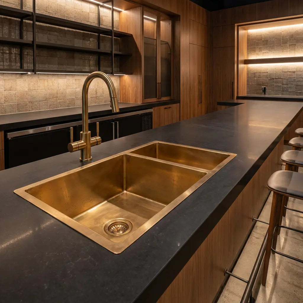 Luxury home bar setup featuring an undermount copper double basin sink with premium gold faucet, integrated into a long black quartz countertop with modern bar stools.