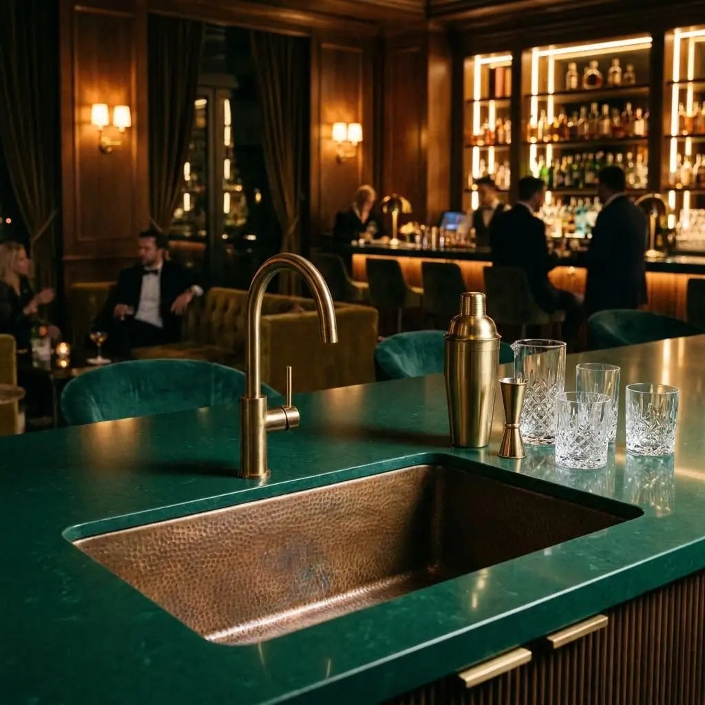 30 inch rectangular hammered copper sink installed in a luxury home bar or lounge counter with teal green top, gold faucet, and cocktail shaker