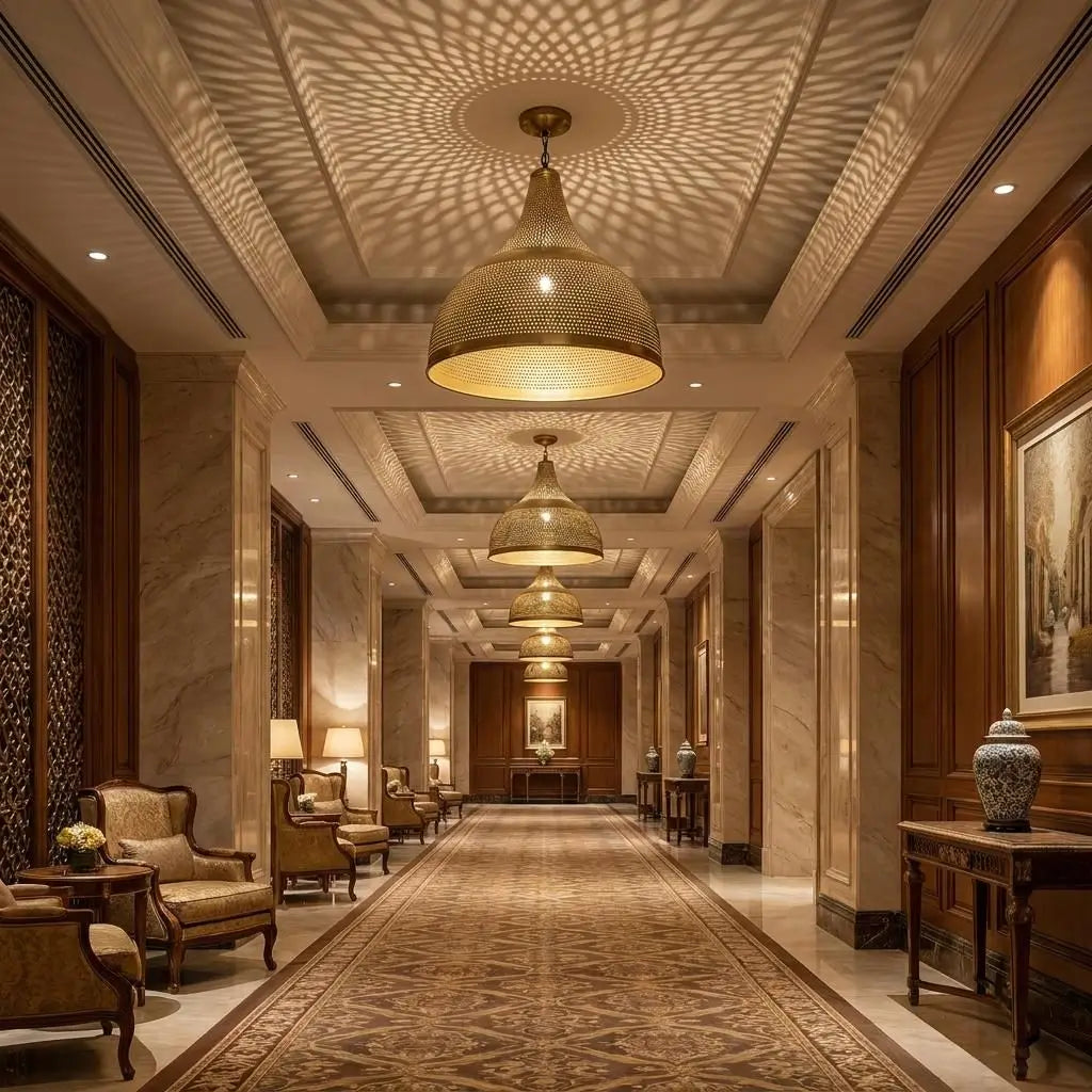 A series of luxury Moroccan brass dome chandeliers installed along a grand hotel hallway ceiling, casting ornate geometric shadow patterns over marble walls and carpeted floors.