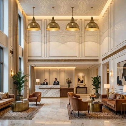 Four large Moroccan brass dome pendants lined up on a high ceiling over a luxury hotel reception lobby with marble counters, elegant velvet seating areas, and tall windows.