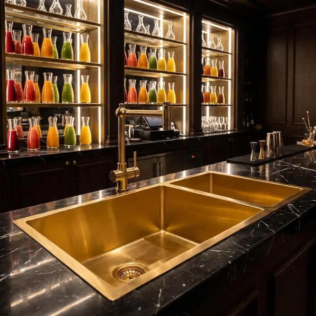 Premium handcrafted copper double basin sink with commercial gold faucet, seamlessly installed in a luxury juice bar black marble countertop against an illuminated display shelf.