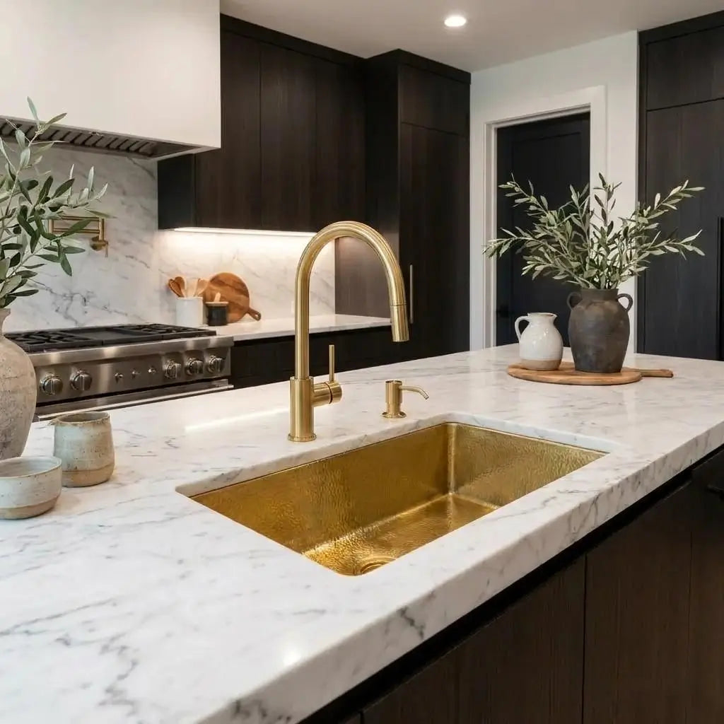 Luxury modern kitchen interior featuring a golden brass undermount sink on a large marble island surrounded by dark cabinets and high-end appliances