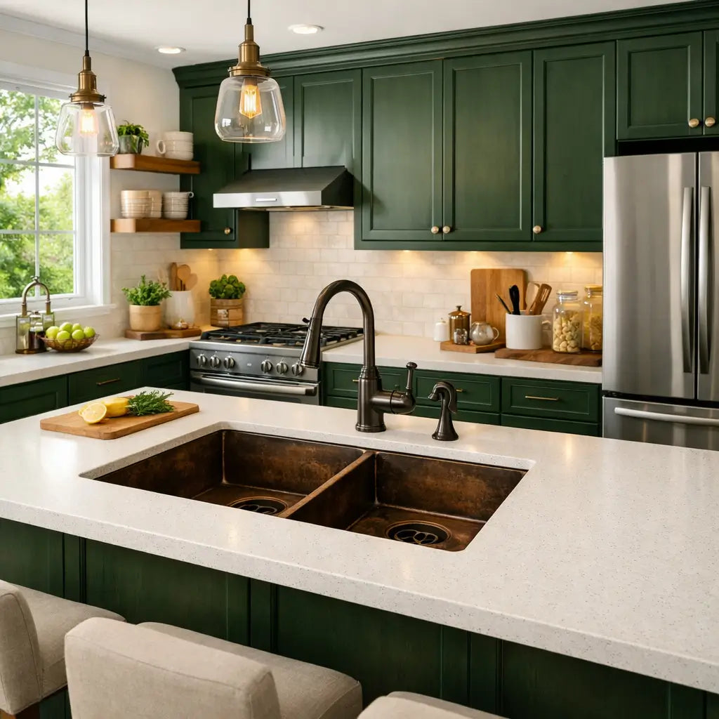 Luxury kitchen island featuring handmade double bowl copper sink with dark green cabinetry and stainless steel appliances