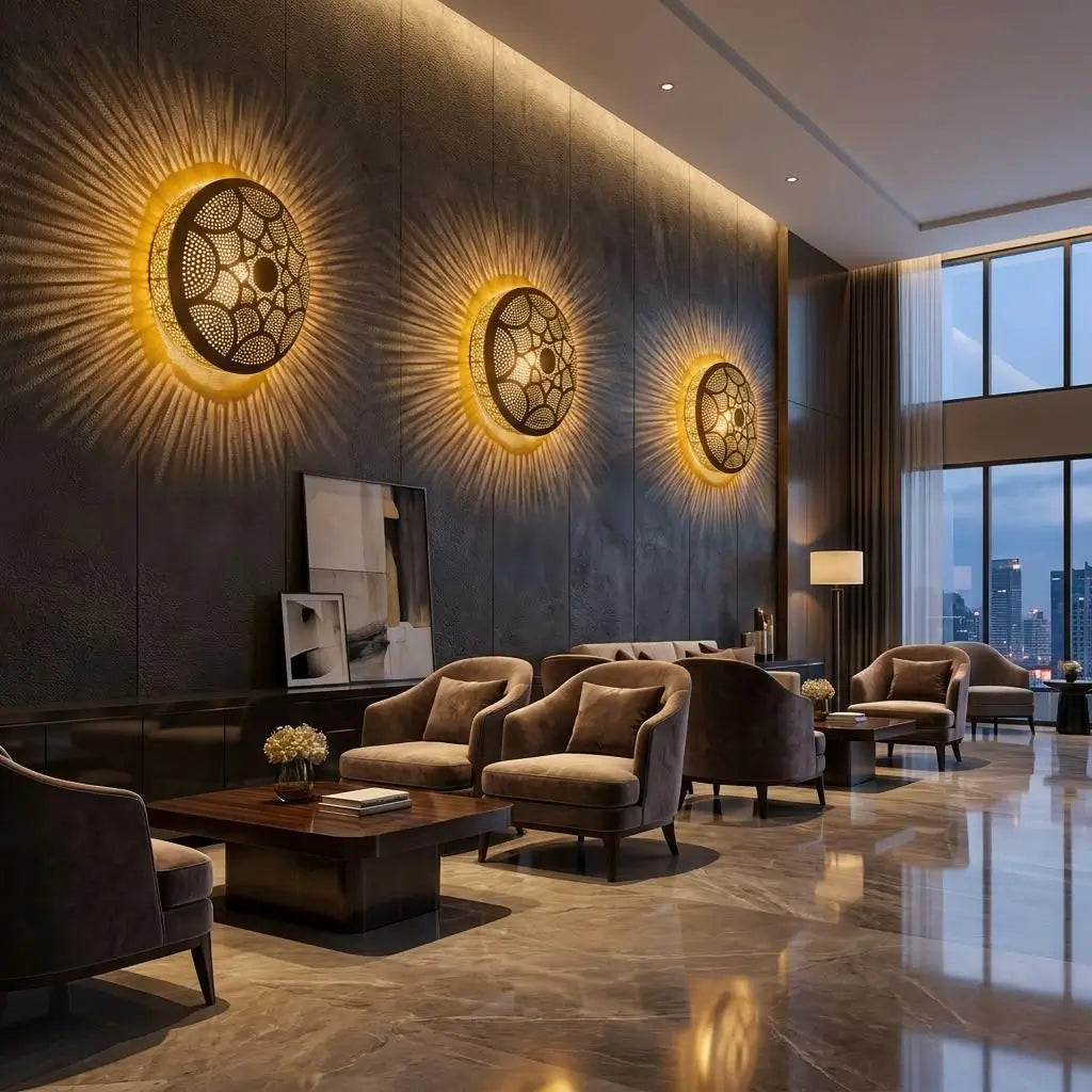 Three large handmade brass wall sconces mounted on a dark accent wall in a luxury hotel lobby lounge, casting dramatic warm radial light rays over plush armchairs.