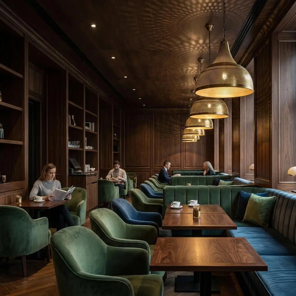 A row of Moroccan brass dome ceiling lights illuminating a upscale hotel library lounge, highlighting dark wood bookshelves, turquoise velvet tufted booths, and plush armchairs.