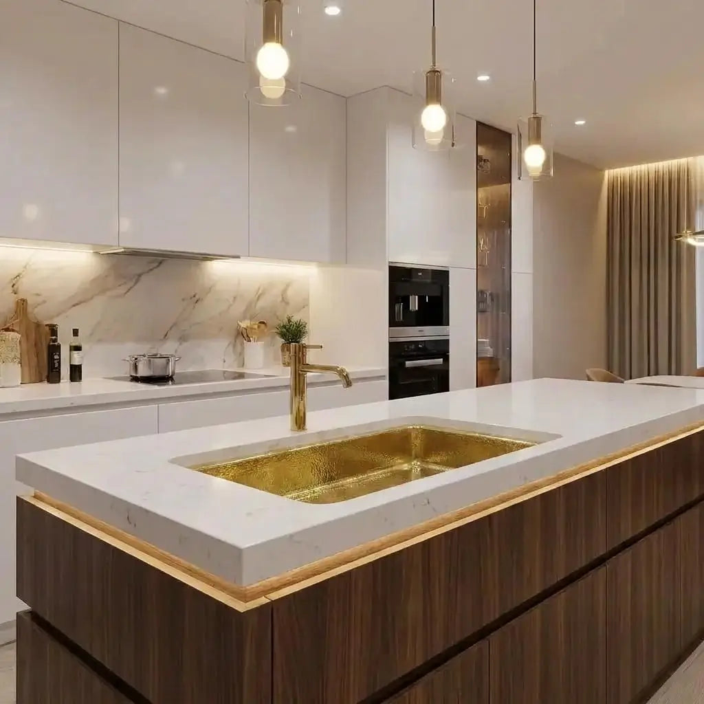 30 inch rectangular hammered copper kitchen sink set in a thick white quartz island countertop within a luxury modern open-concept apartment kitchen