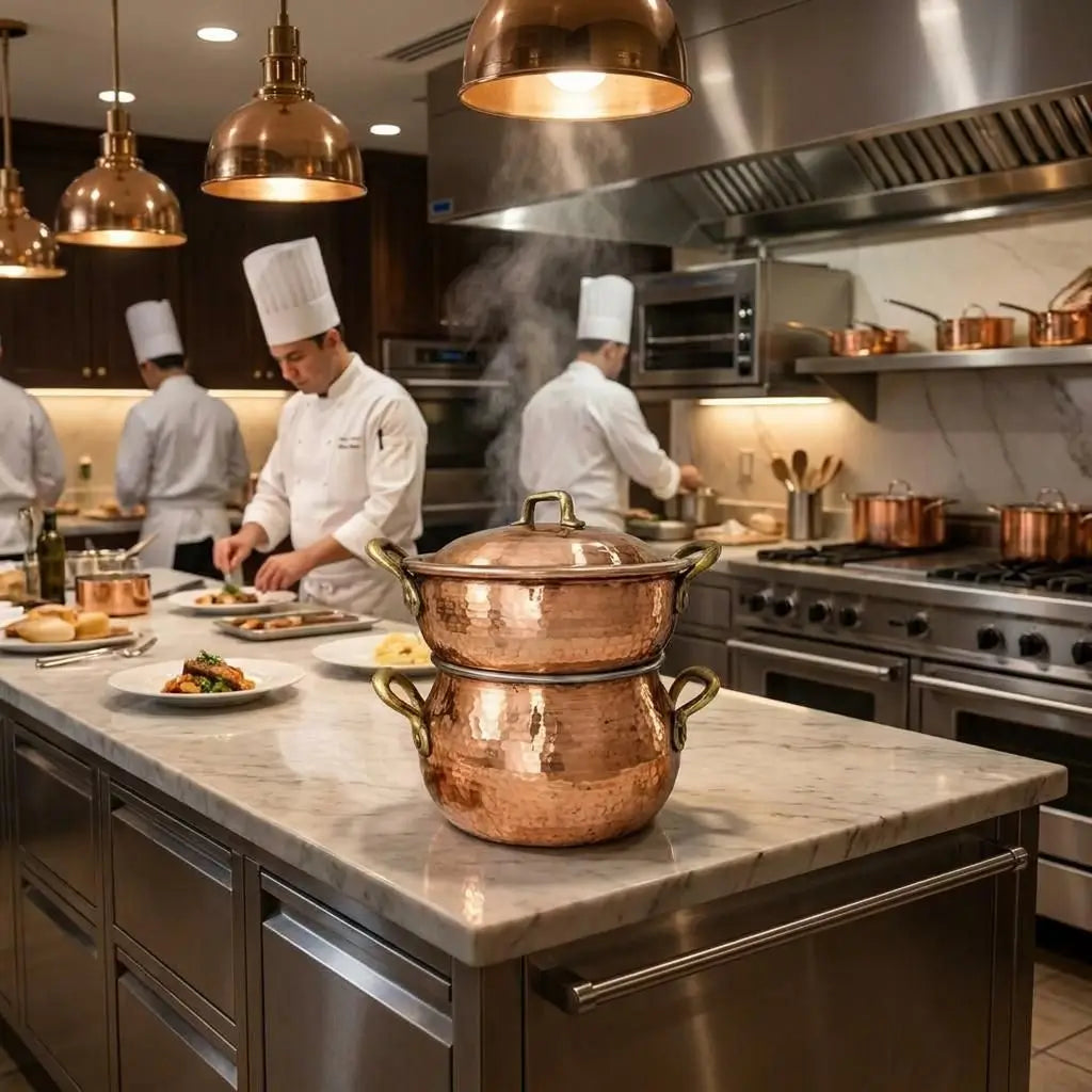 Moroccan copper couscous steamer pot emitting steam on a marble counter under matching copper pendant lights in a high-end commercial kitchen with busy chefs.