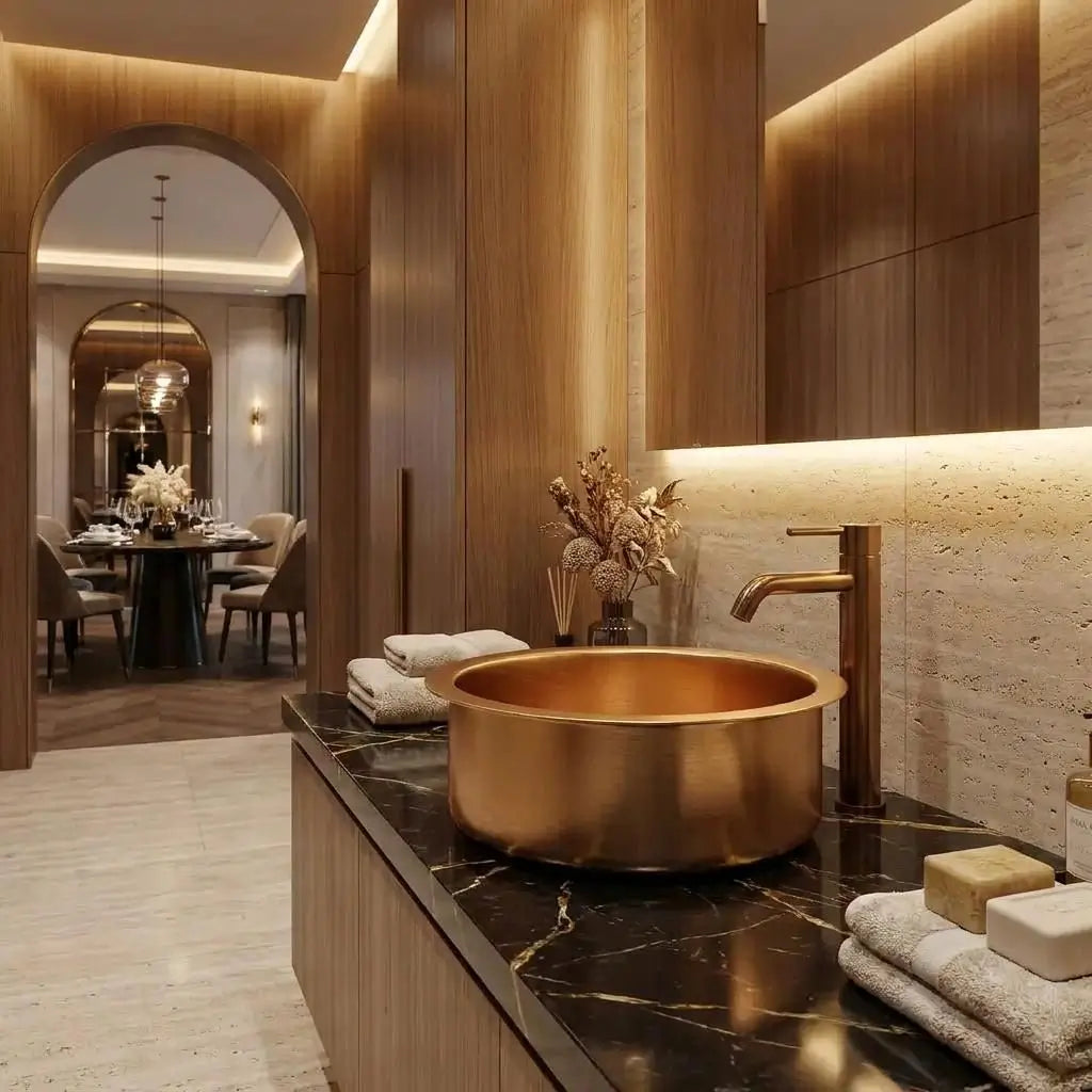Elegant round brass vessel sink with a brushed finish, styled on a black veined marble vanity with towels next to an open archway leading into a modern luxury dining room.