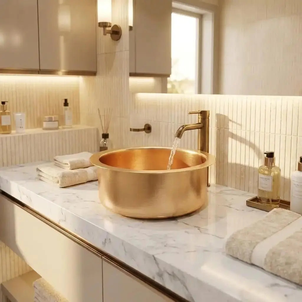 Round brushed brass vessel sink with a matching gold faucet running water on a white marble countertop in a luxury modern bathroom interior with warm lighting