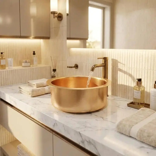 Round brushed brass vessel sink with a matching gold faucet running water on a white marble countertop in a luxury modern bathroom interior with warm lighting