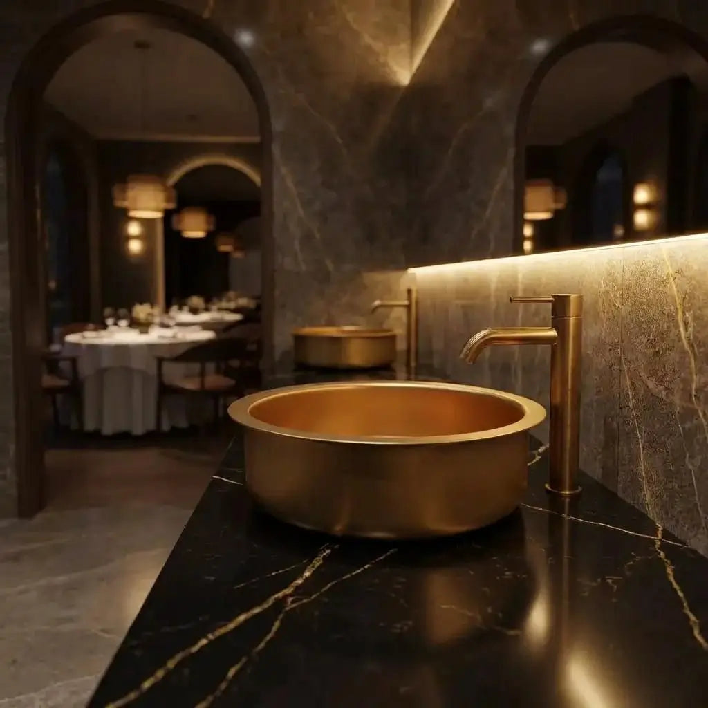 Luxury round brass vessel sink with matching gold faucet installed on a black marble countertop in a high-end restaurant restroom with dark marble walls.