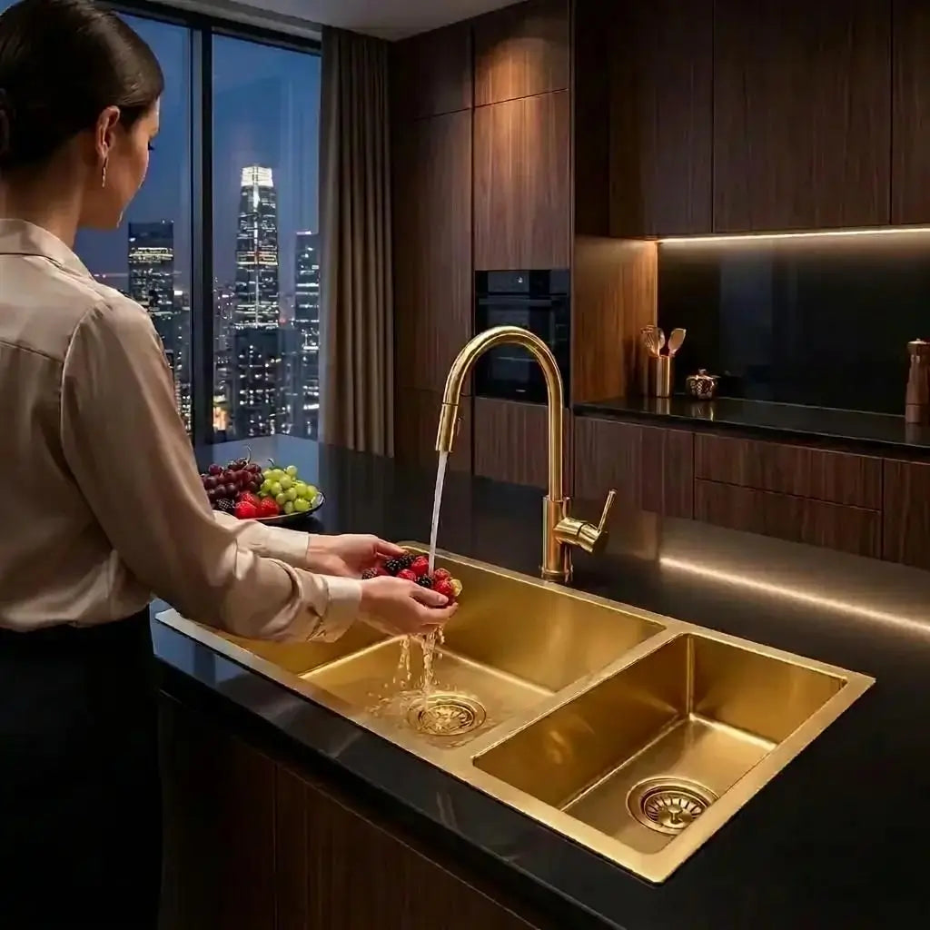 Luxury handcrafted copper double basin sink with premium gold faucet, styled in a modern high-end kitchen setup showcasing undermount installation and scratch-resistant finish.