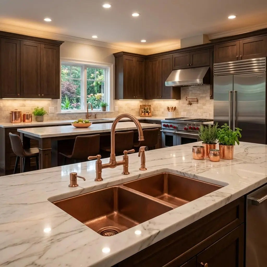 Flush-mount double bowl copper sink on a white marble kitchen island with an elegant bridge faucet, featuring dark wood cabinets and a stainless steel refrigerator in the background.