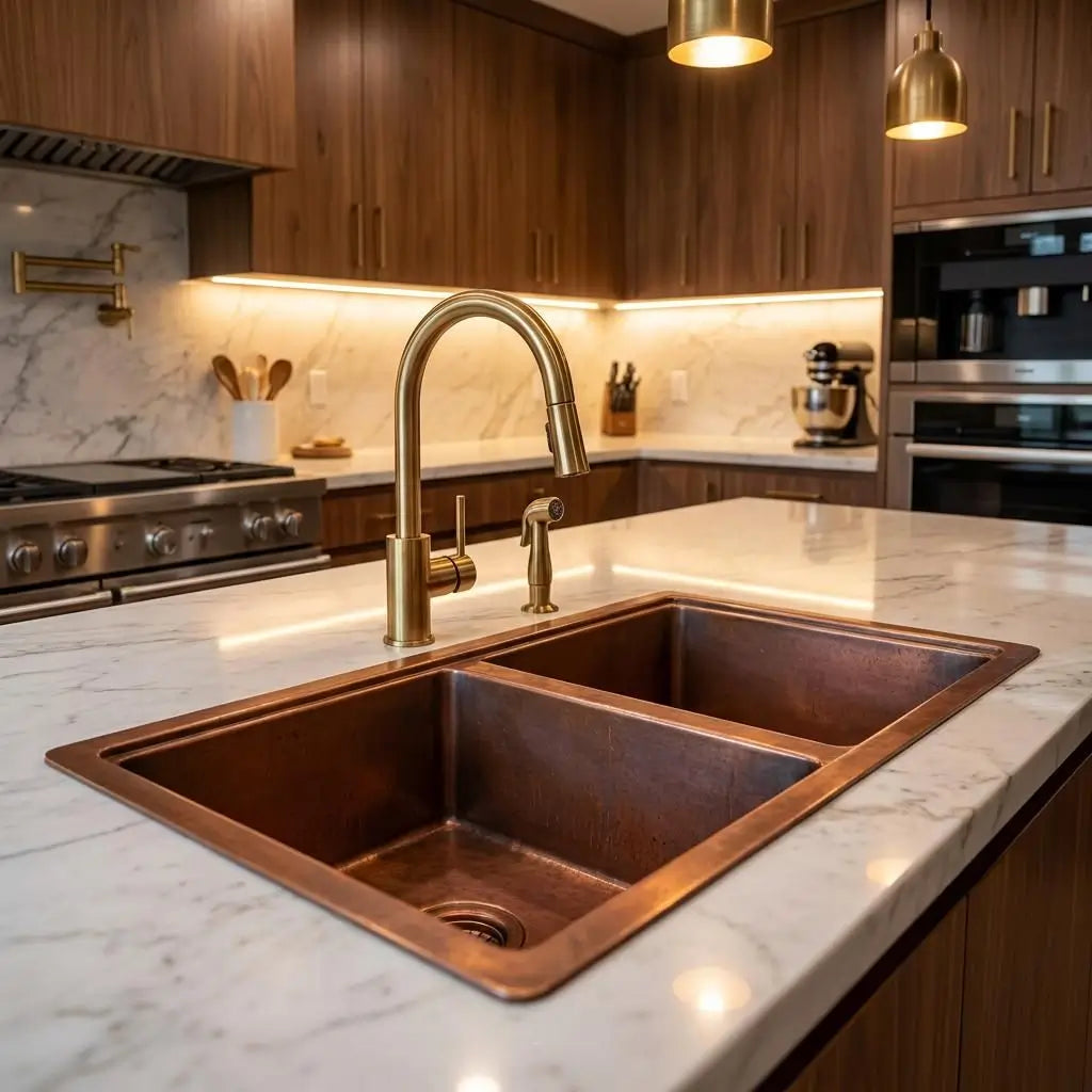 Flush-mount double bowl copper kitchen sink set in a white marble island countertop with a high-arc brass faucet against dark wooden cabinets.